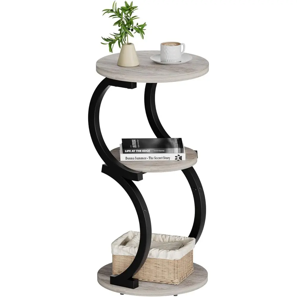 

Винтажный 3-ярусный круглый приставной столик для гостиной, компактный прикроватный столик для дивана-кровати, S-образный деревянный акцентный столик цвета серо-бежевый