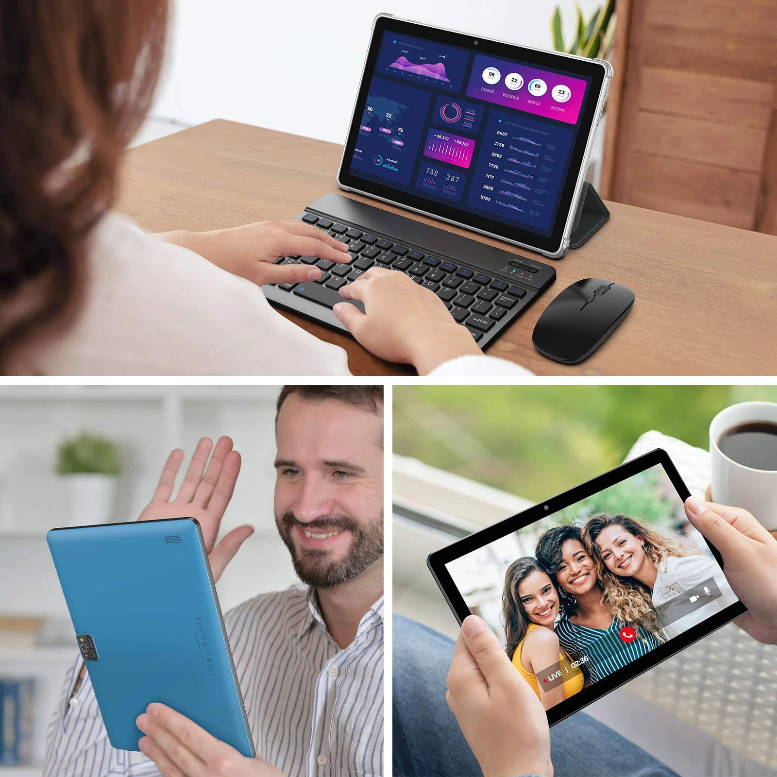 แท็บเล็ต Android 13 ขนาด 10 นิ้ว, โปรเซสเซอร์ Quad-Core, RAM 7GB (ส่วนขยายหน่วยความจํา 3G + 4G), ROM 64GB, Bluetooth, WiFi, แบตเตอรี่ 6000mAh