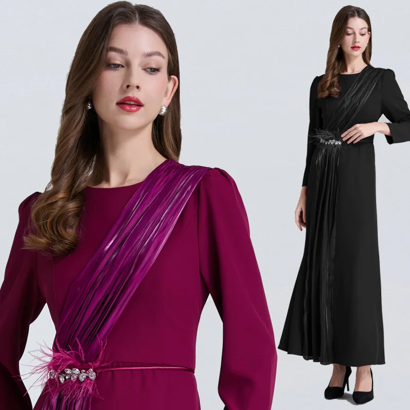 

2025 Spring/Autumn New Women's Elegant Long Sleeve Slim Fit Mermaid Dress Rhinestone Feather Tie-Back Maxi Dress A001