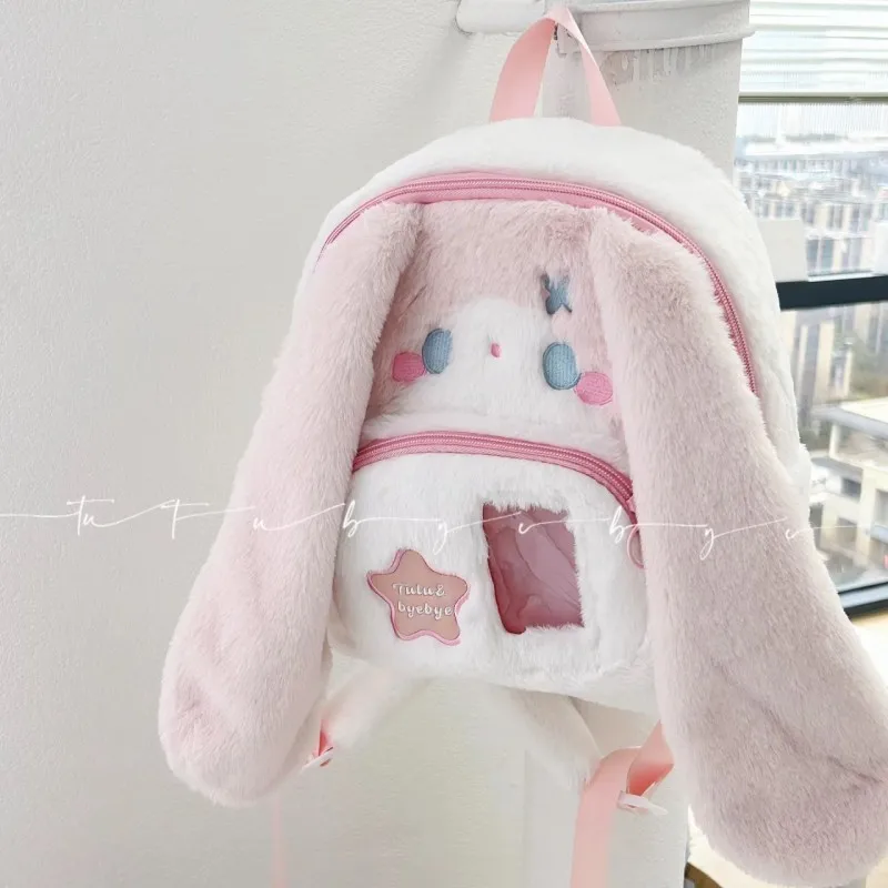 Contrast Color Cartoon Fluffy Rabbit Backpack Kawaii Ins Cute Sweet Y2k Schoolbags Fashion Jk Women All Match Iita Bags Japanese