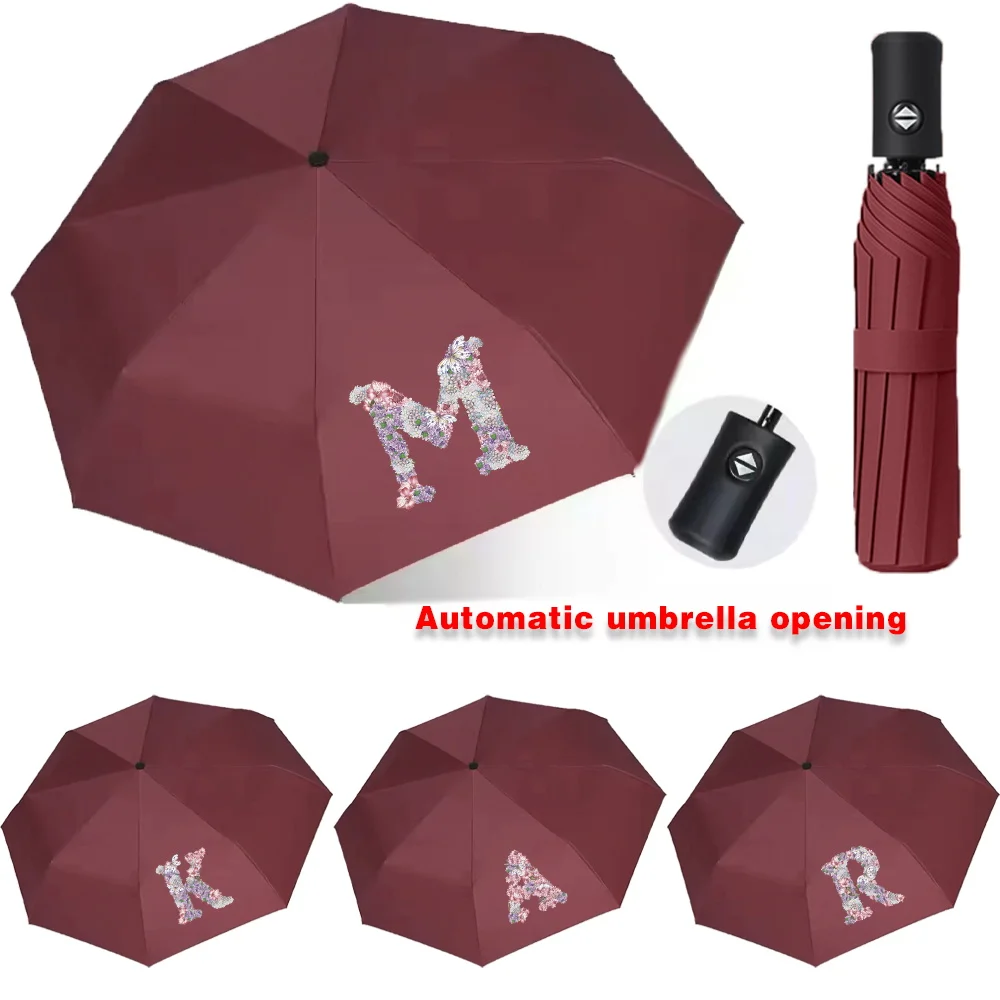 Automatic Umbrellas for Sunshine Rainy Windproof Strong Umbrella Folding Buckle Handle Double Bone Resistant Rose Flower Print