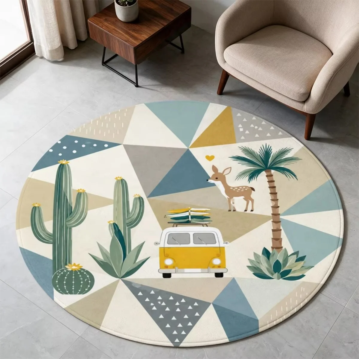 Round Area Rug Geometric Cactus Van Print Floor Carpet Boho Home Decor Living Room Bedroom Coffee Table Interior Art Decor
