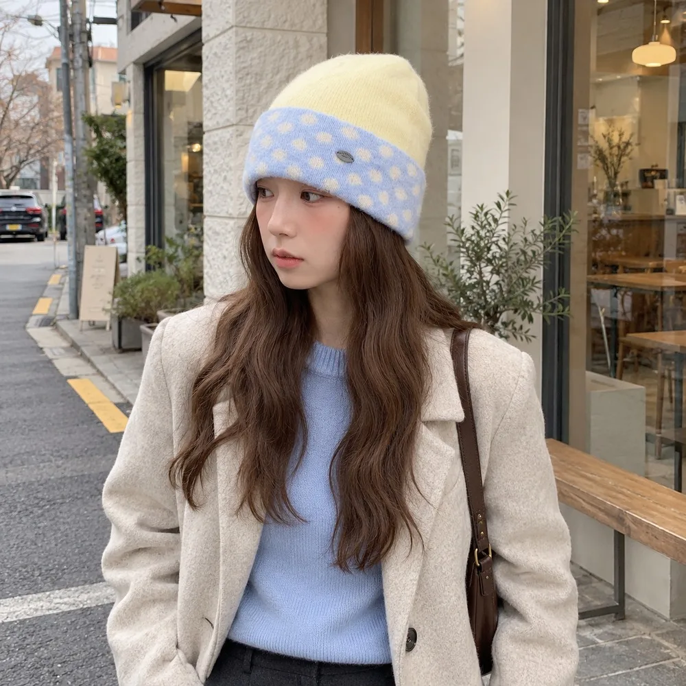 Women’s Knitted Beanie Hat Polka Dot Cuffed Winter Cap Color Block Autumn Casual Outdoor Streetwear Fashion Headwear