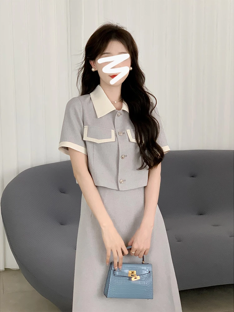 

Ele Color Blo Set Women's Summer New High-End Feel Collar Top f Skirt Two-Piece Set Faionable Polyester Material