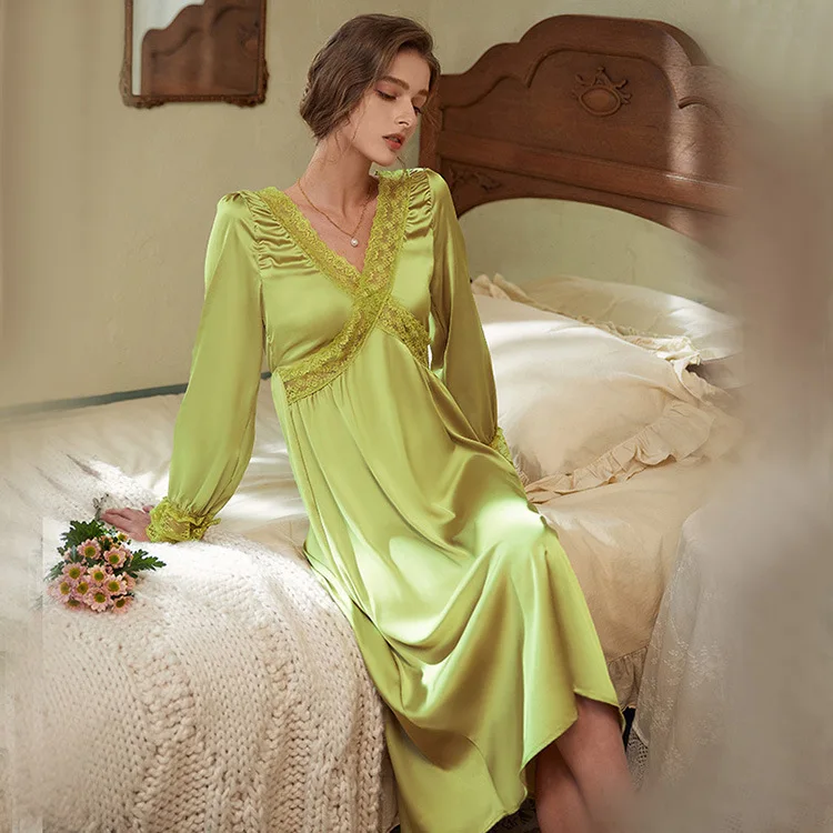 V-Neck Nightgown Women Satin Long Sleeve Sleepwear Nightdress Palace Retro Style Kimono Dressing Gown Elegant Loungewear