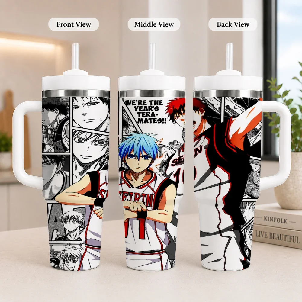 Hot Anime Kuroko's Basketball Vacuum Flasks 40oz Leakproof Steel Tumbler w/ Lid Straw Handle Hot Cold Drinks