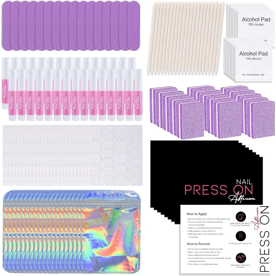 

50 Set Press On Nail Tool Prep Kit for Salon Business Disposable Manicure Kit with Nail File Buffer Glue Prep Pad Instruction C