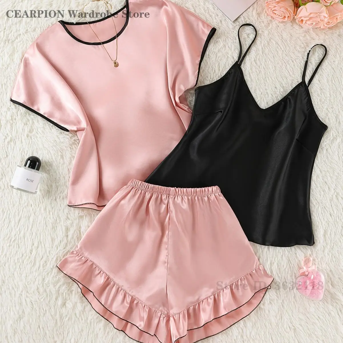 

Summer New 3Pcs Pajamas Set Women's Sleepwear Cami&Shorts Loose Casual Satin Night Wear Loungewear Home Clothes Pijama Mujer
