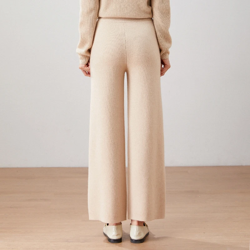 New Autumn Winter Women 100% Pure Cashmere Pants Soft Comfortable High-Waist Knitted Female Solid Color Thicken Wide Leg Pant