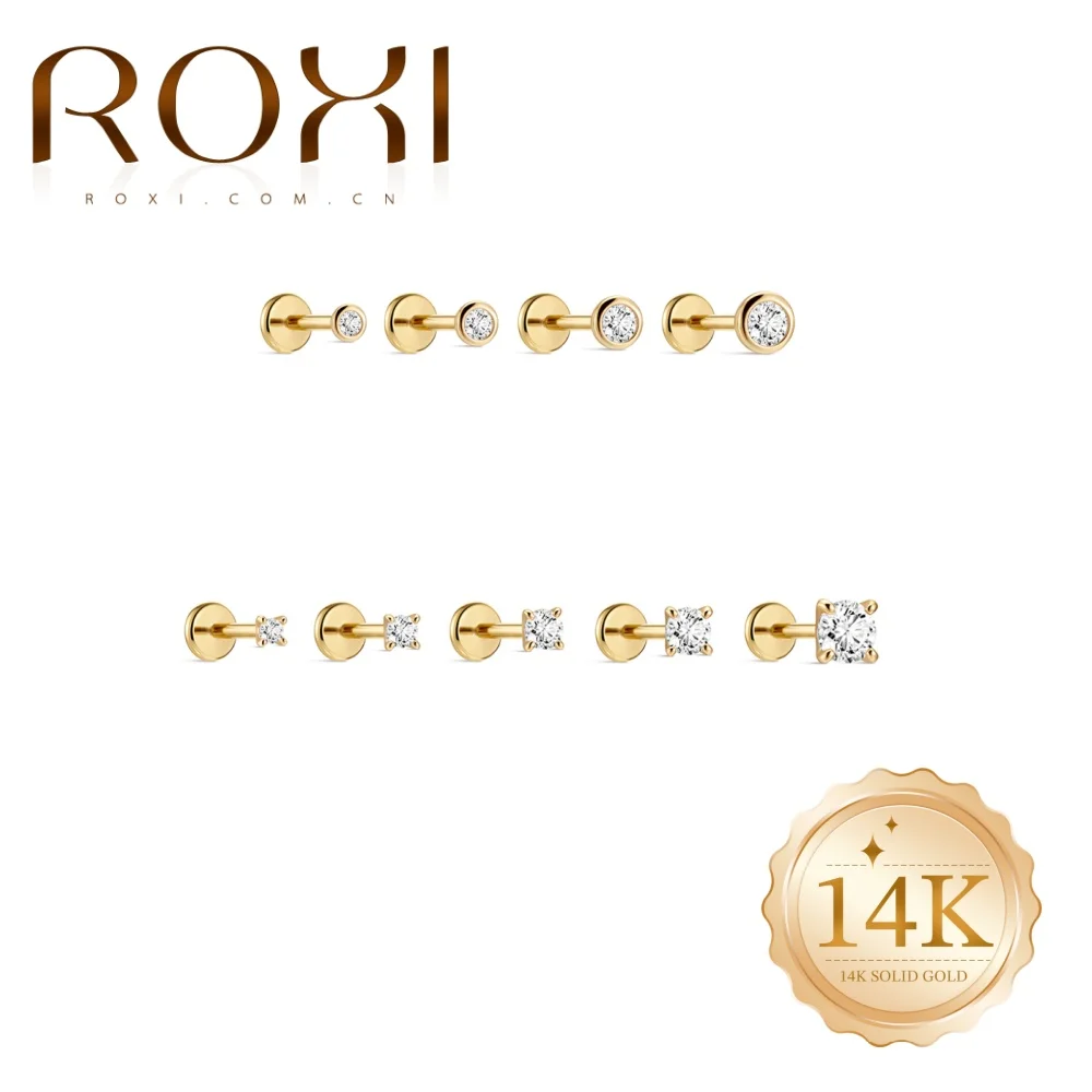 

ROXI 1PC 14K Titanium Gold Piercing Studs Hypoallergenic Multi-Size Bezel & Prong Set Zircon Flat Back Cartilage Earrings