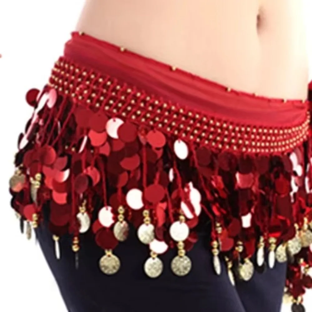 Ceinture de danse du ventre pour femmes, écharpe de hanche avec pièce de monnaie de couleur or, pompon, chaîne de taille, paillettes, jupe, Costumes de spectacle, nouvelle collection