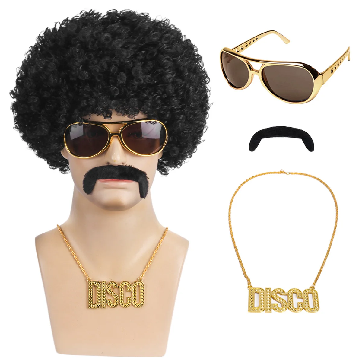 African Men's Fluffy Curly Wig Glasses Necklace Beard 4pcs Set 70s 80s Disco Cosplay Costume Accessories Stage Performance Prop
