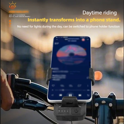 Imagen 2 del producto Luz delantera de bicicleta con bocina y soporte para teléfono, faro para bicicleta, soporte para teléfono multifuncional, lámpara, accesorios para ciclismo