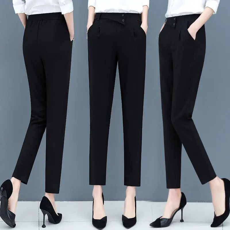 Temperament Spring Summer Thin Pants New Women Elastic Waist Pockets Button Fashion Office Lady Slim Ankle Length Haren Trousers