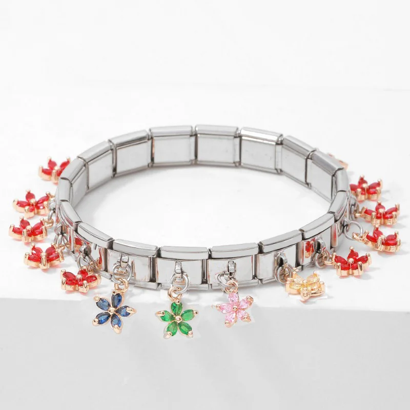 URING Modischer bunter Anhänger mit 5-Blütenblättern, italienisches Charm-Armband zum Selbermachen, Einzelteil, elastischer Edelstahl-Armreif – Detail 2