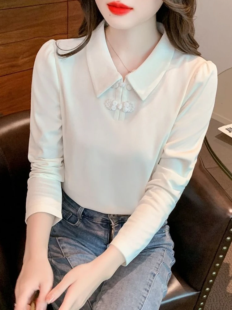 2026 delle nuove donne di stile cinese colletto polo T-shirt rana bottone foderato in pile manica lunga caldo top termico per l'autunno inverno