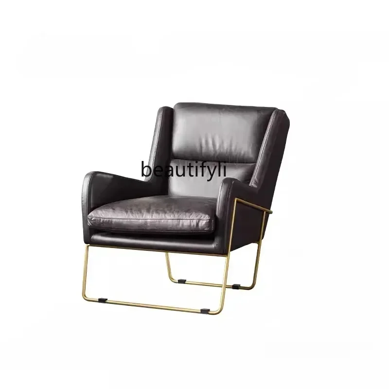 A85 Light Luxury City Iron First Layer Cowhide Couch Modern Minimalist Living Room Bedroom Retro Leather Single Sofa
