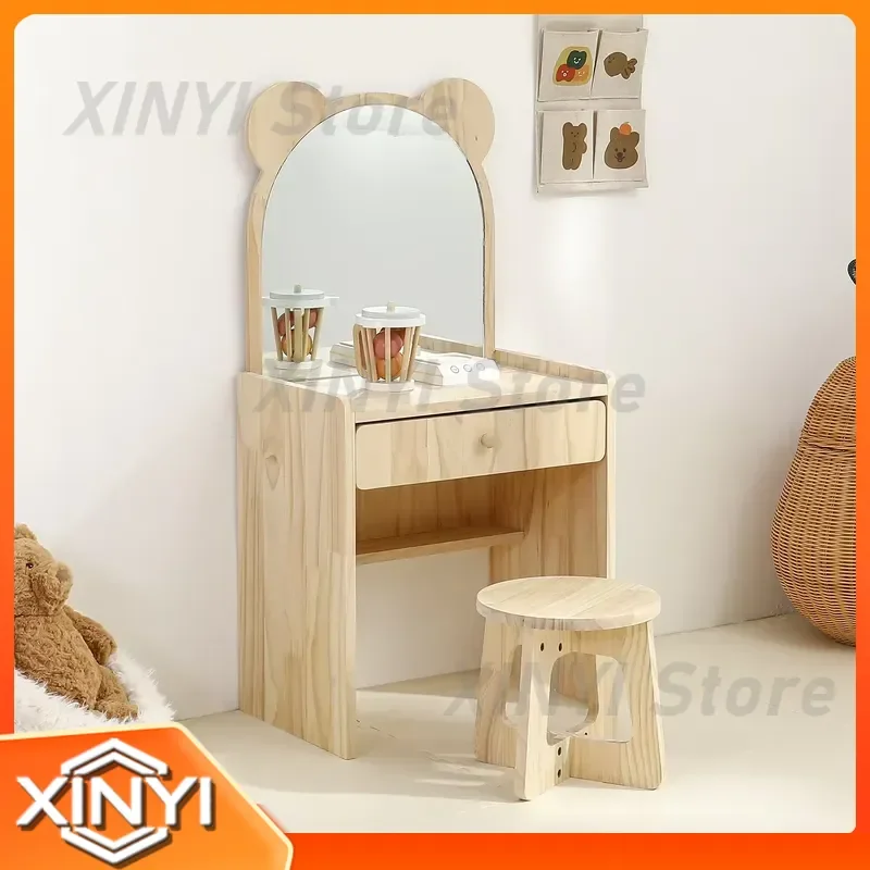 Kids Makeup Table for Children Wooden Vanity Set with Stool for Girls Princess Pretend Play Kids Furniture Nursery Room Decor