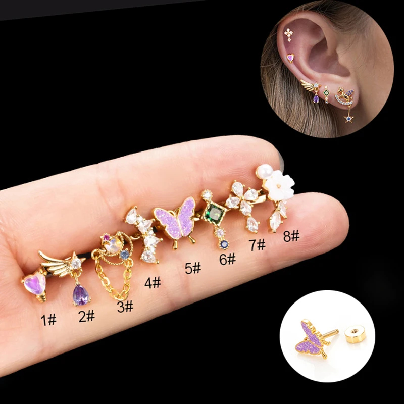 2PC Stainless Steel Cross Stud Earrings Women CZ Zircon Tragus Cartilage Helix Butterfly Heart Daith Earrings Fashion Jewelry