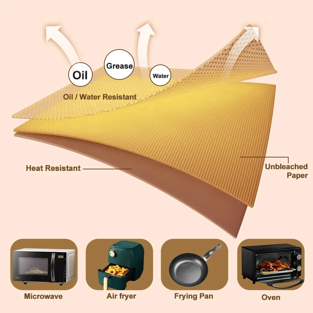 Freidora de aire desechable con revestimiento de papel de aceite, bandeja de papel impermeable y a prueba de aceite, accesorios para horno, almohadilla antiadherente para hornear, 100 piezas