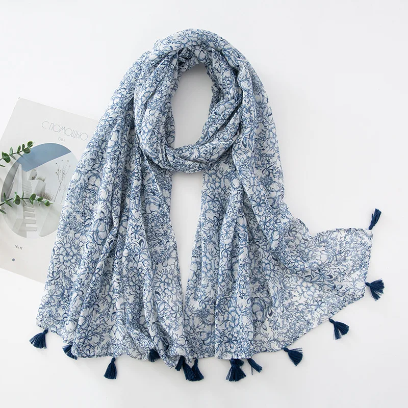 Voile Fringe Scarf with Geometric Print - Vintage Sun Protection Shawl for Women Travel Fashion Wrap