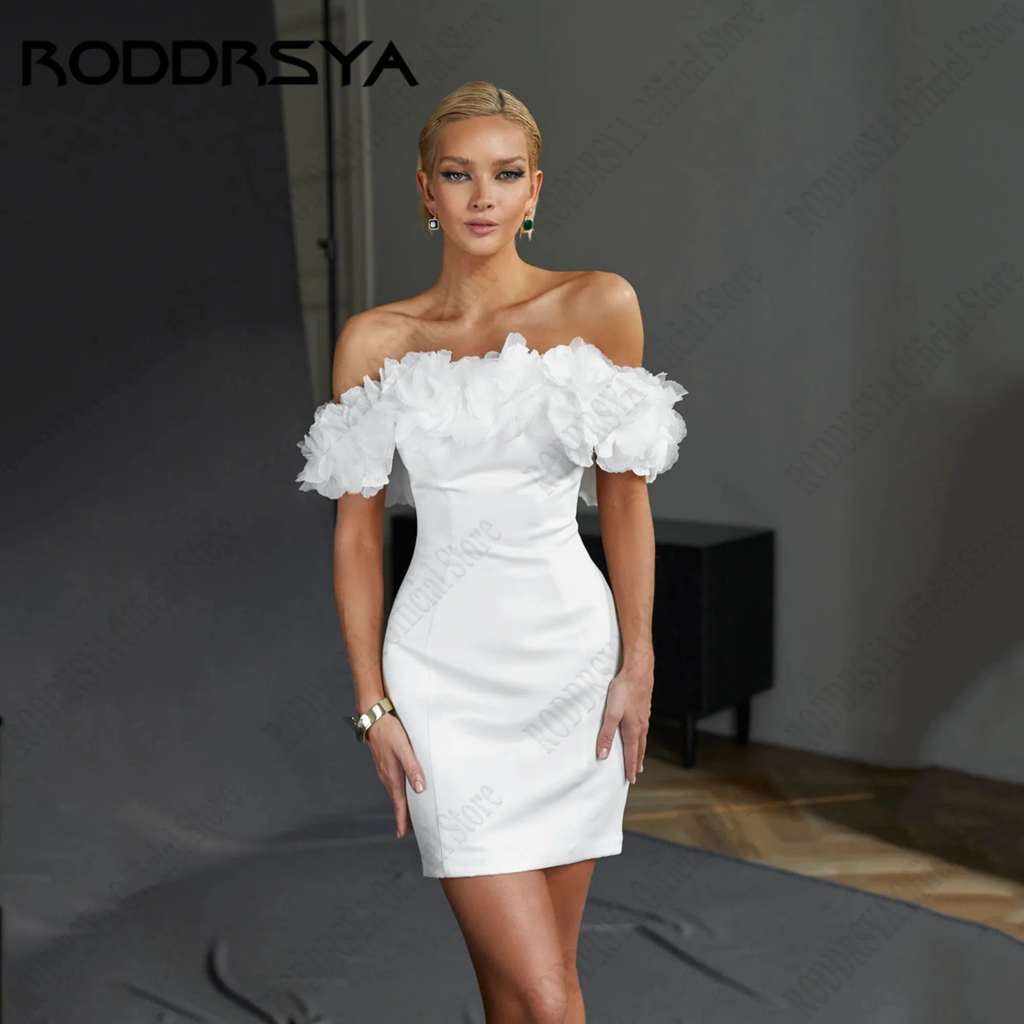 

RODDRSYA Short Mermaid Wedding Dresses Off Shoulder 3D Flowers Classic Bridal Gowns Strapless Satin vestidos de novia Above Knee