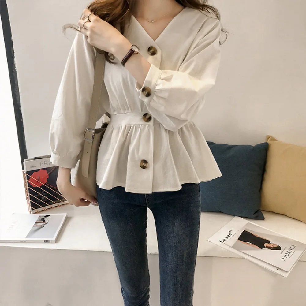 New  Summer 2024 Women's Clothing Solid Color Korean version temperament Appear thin V-neck Long Sleeved Loose Shirt Tops