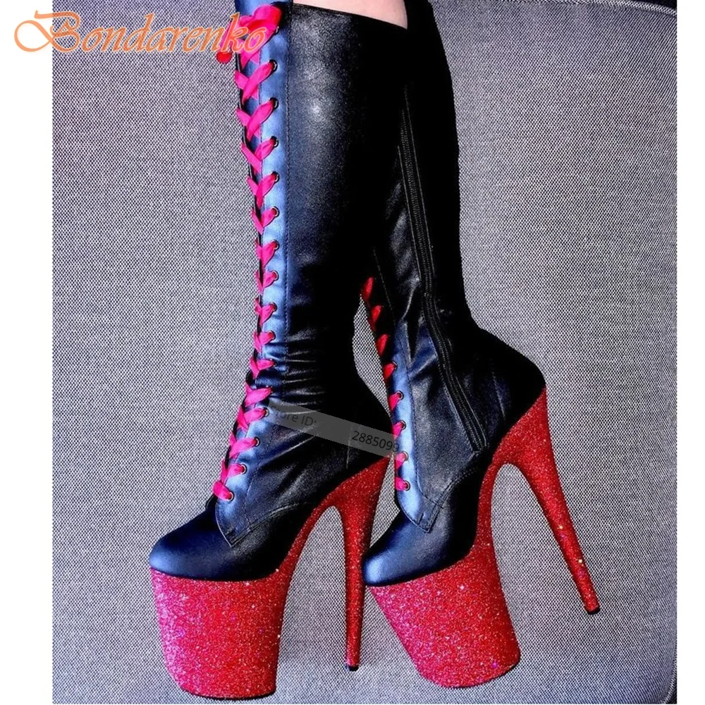 

Crystal High Platform Boots Thin High Heels Lace Up Knee High Boots Round Toe Leather Women Sexy Shoes Winter Side Zipper Party