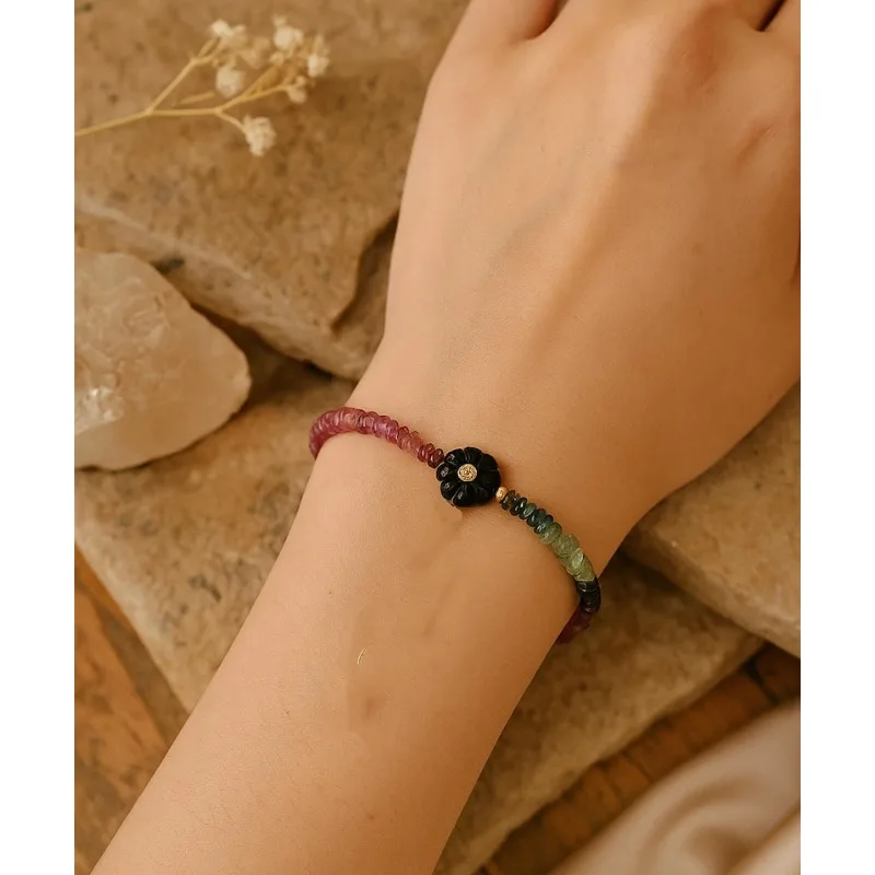 Pulsera de cuentas de turmalina, ágata negra con colgante de diamantes, múltiples cuentas de turmalina