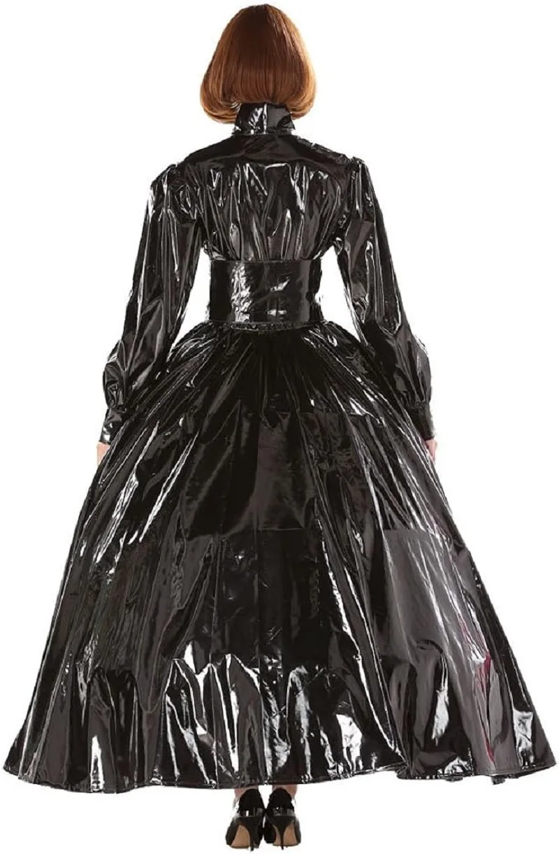 French Sexy Adult Custom Fetish Cross Dressing Sissy Black Glossy PVC Waist Tied Long Sleeved Gothic Dress