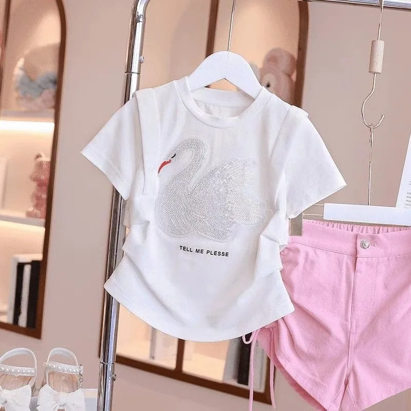 

Girls Summer T-Shirt 2026 New Korean Style Kids Short Sleeve Top with Sequin Embellishment Casual Cute Tee for Little Girls