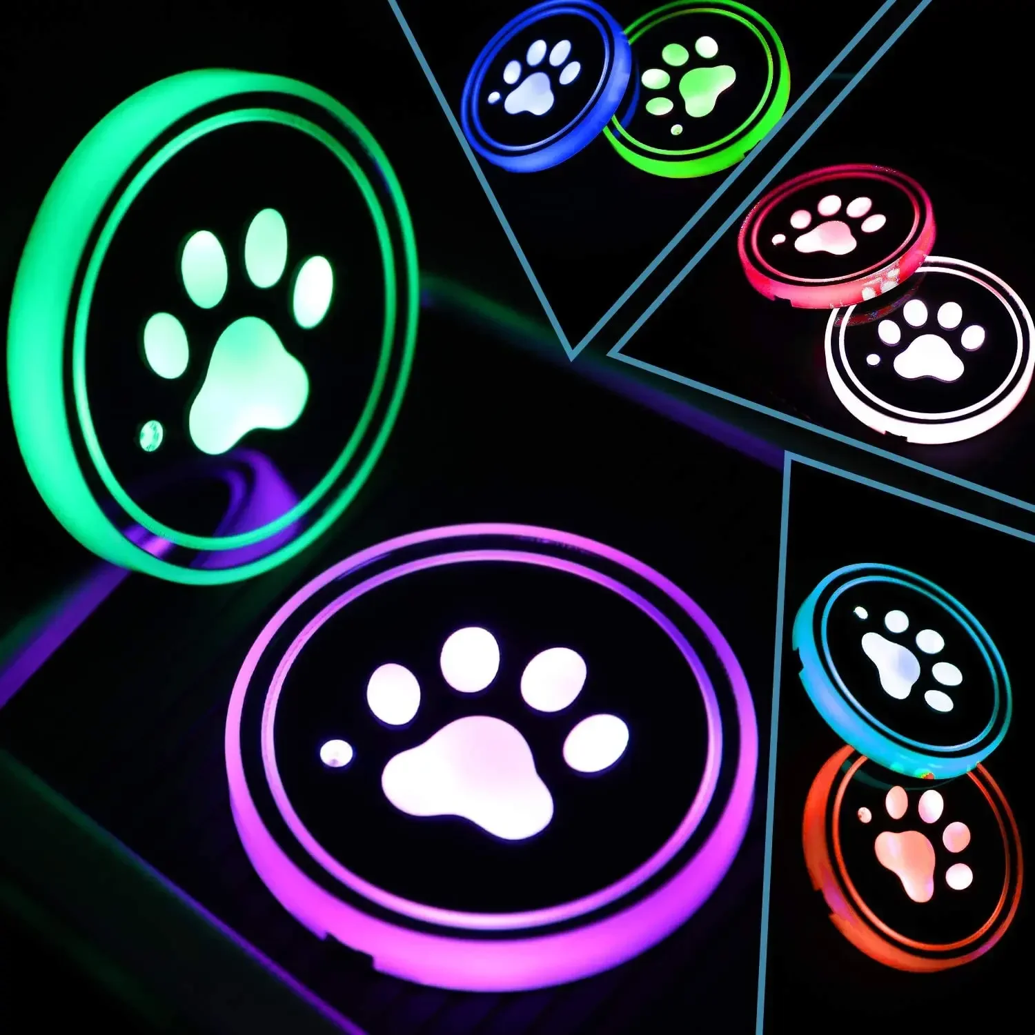 2pack LED Cup Holder Lights, Dog Paw Car Coaster With 7 Colors Changing USB Charging Mat, Luminescent Cup Pad Interior Atmospher