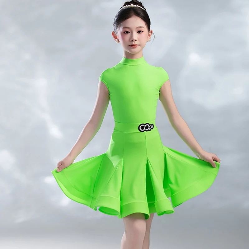 Costume da ballo latino per ragazza Abiti da spettacolo 8 colori Maniche corte Body Top Gonna Set Abbigliamento da competizione per tango per bambini XH2893