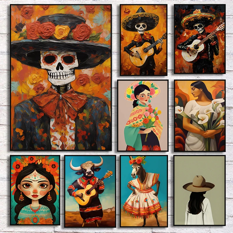 Mexican Woman  Boho Girl Culture Art Poster Nordic Skull Play Guitar Wall Art Canvas Painting Prints for Living Room Home Decor