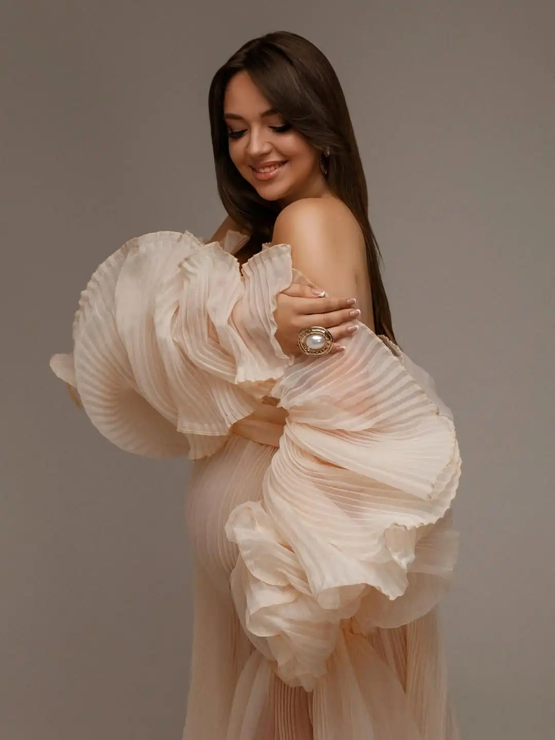 Nuovo arrivo abito premaman in organza plissettato servizio fotografico popolare maniche a sbuffo abiti premaman trasparenti gravidanza abito da baby shower