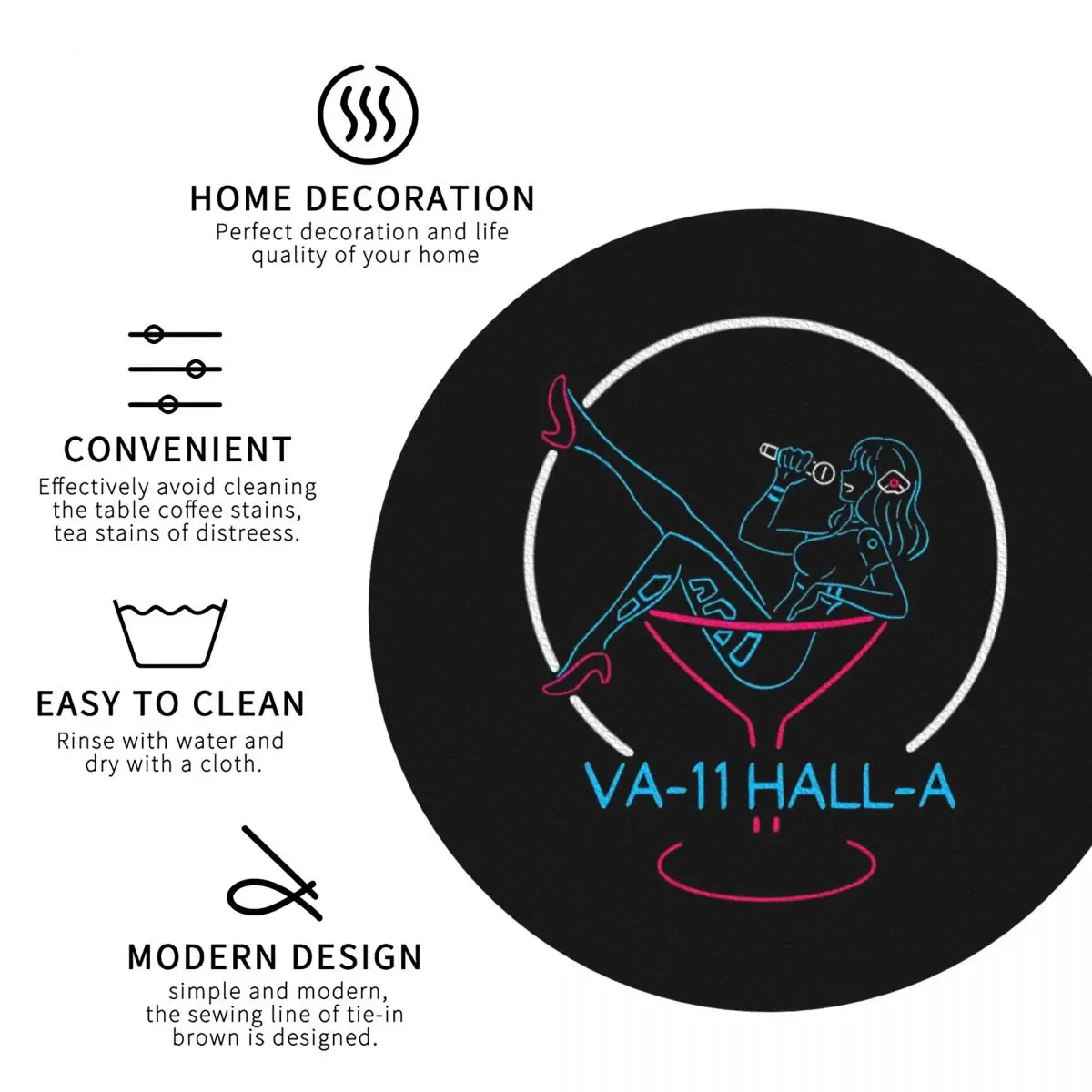 VA-11 Hall-A Neon Sign Coasters Kitchen Placemats Non-slip Insulation Cup Coffee Mats For Decor Home Tableware Pads Set of 4