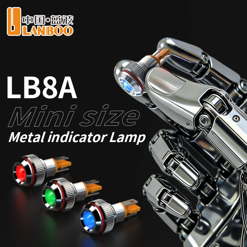 LANBOO 8A mini metal indicator/signal light, default IP65/ customizable IP68. Red, green, yellow and blue leds are available.