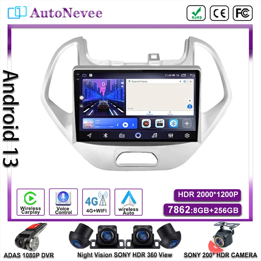 

No 2Din DVD Android 13 For Ford FIGO KA 2015 - 2020 Multimedia Car Player GPS Stereo Radio Navigation Dash Cam HDR QLED Screen