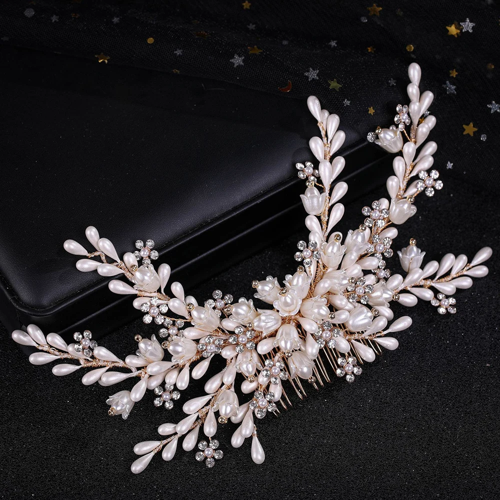 

Elegant Pearl Hair Comb Bride Tiaras Rhinestone Alloy Hairpin For Women Luxury Flower Hairpin Wedding Hair Accessories Jewelry