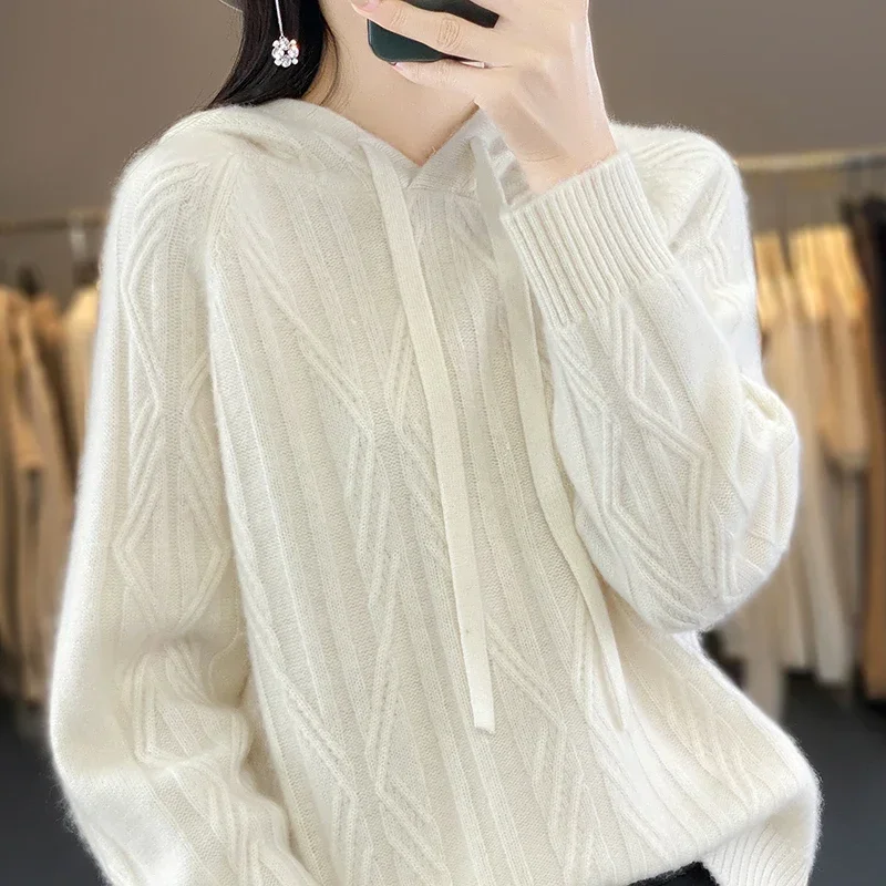 Women's 100% Wool Cashmere Hooded Sweater Casual Knitting High-end Autumn and Winter Women's Pure Wool Sweater Pullover