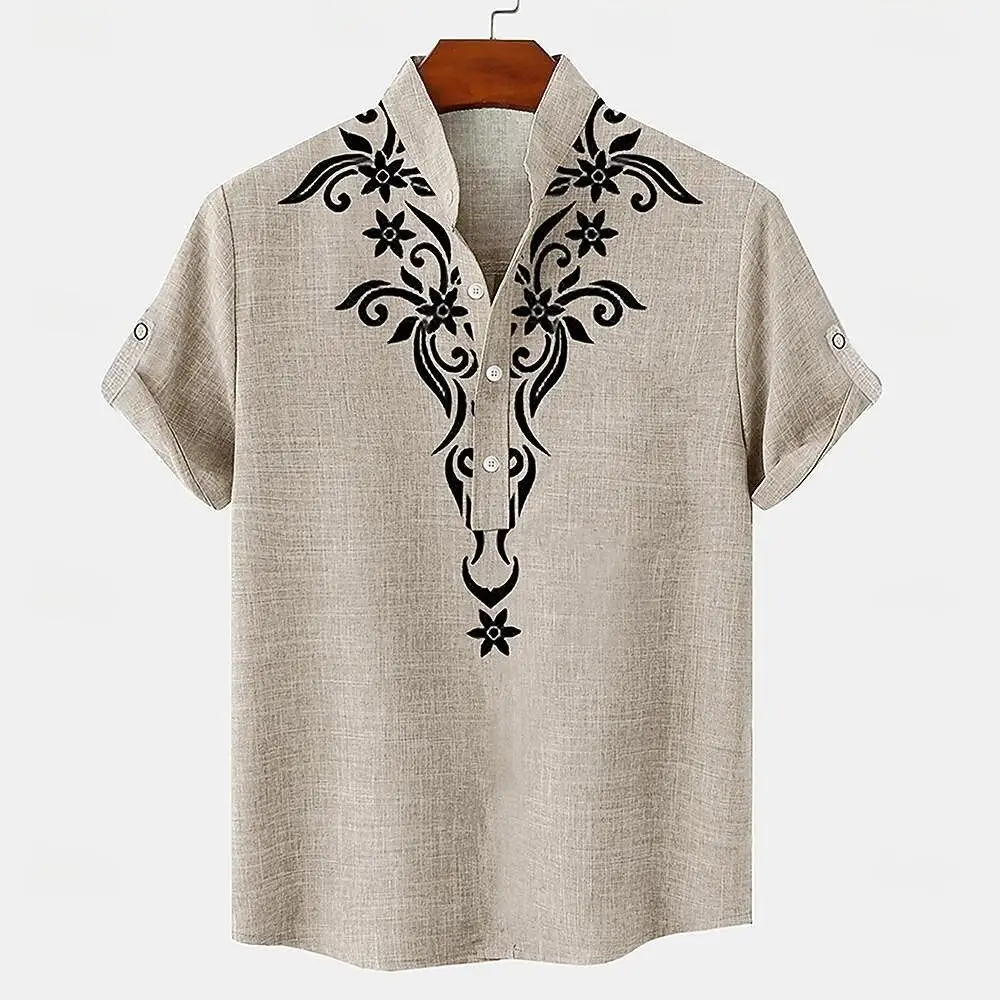 

Digital printed retro pattern, fashionable trend, street outdoor, high-quality and comfortable linen men's short sleeved shirt