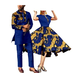 African Couples Women Print Wax Cotton Fashion Patchwork Hot Dress & Men 2 Pieces Shirt and Pants Sets