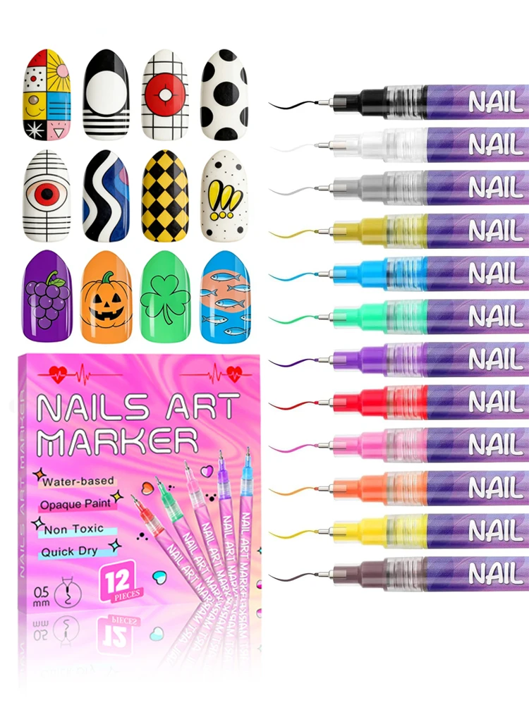 

12 Color Nail Art Pen Set Nail Polish Pens Nail Point Graffiti Dotting Pen Drawing Painting Liner Brush for DIY Nail Art Beauty