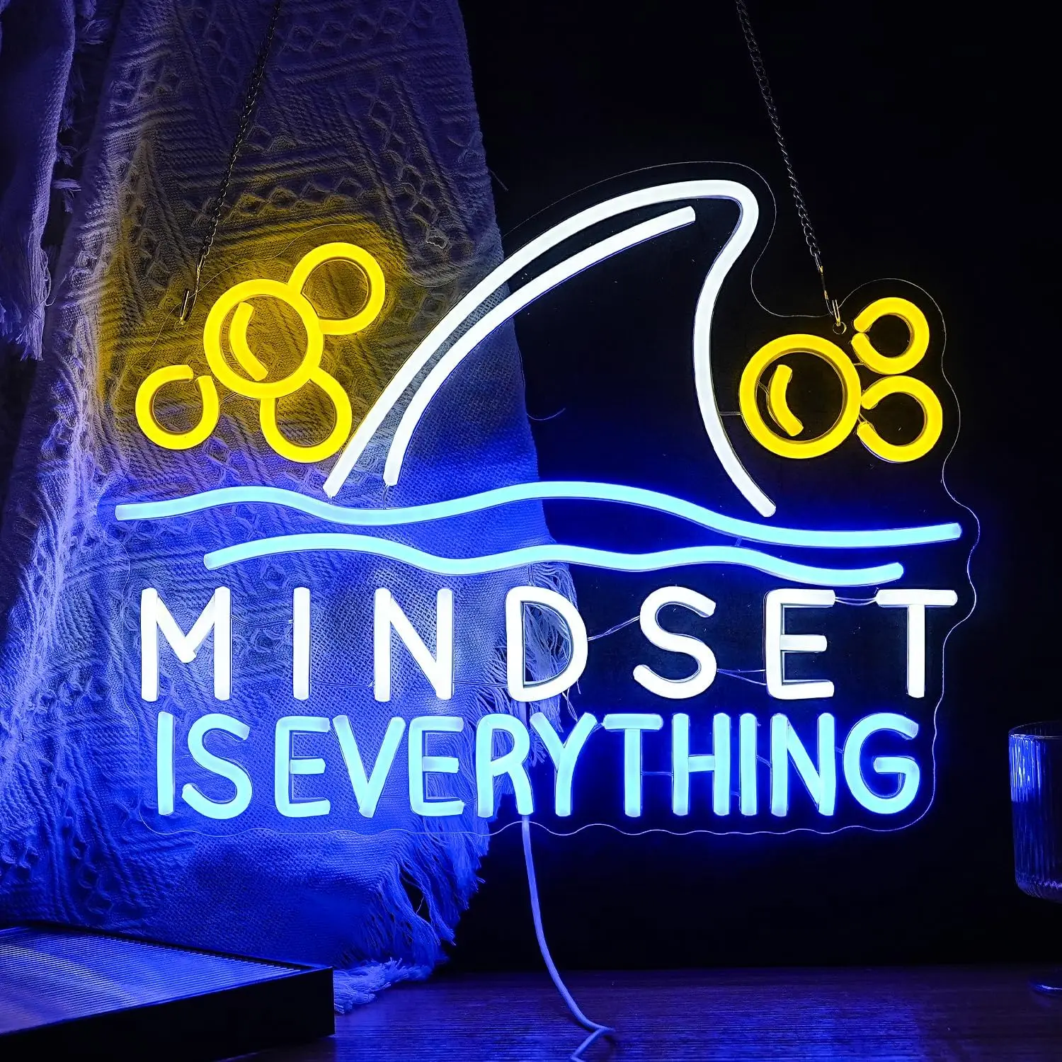 Mindset is Everything Neon Sign Dimmable Led Fish Shark Light Up Sign Wall Decor for Classroom Office Bedroom School