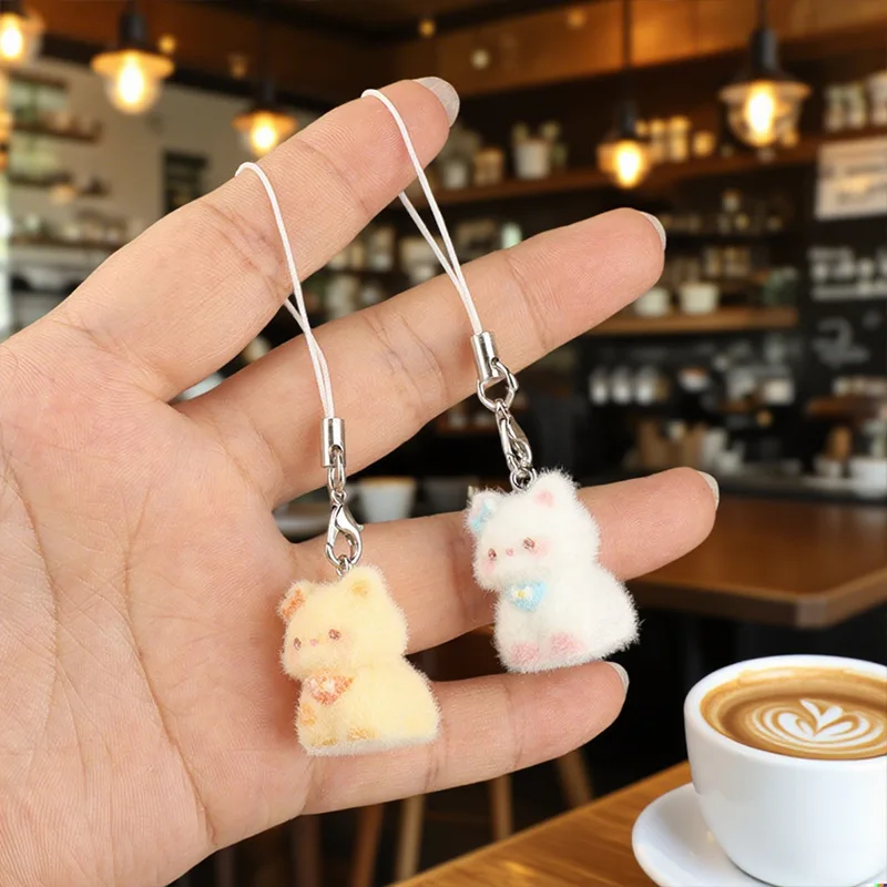 Cute Cartoon Flocking Animal Cat Pendant keychain for bags Earphone Car Keychain Decor Keychains Accessories Phone Chain Lanyard
