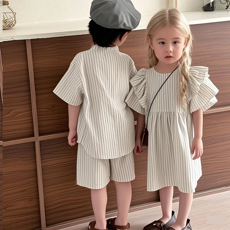 2025 Summer Thin Brother Sister Outfits Boy Children Cotton Short Sleeve T-shirt+Shorts 2pcs Girl Baby Striped Fly Sleeves Dress