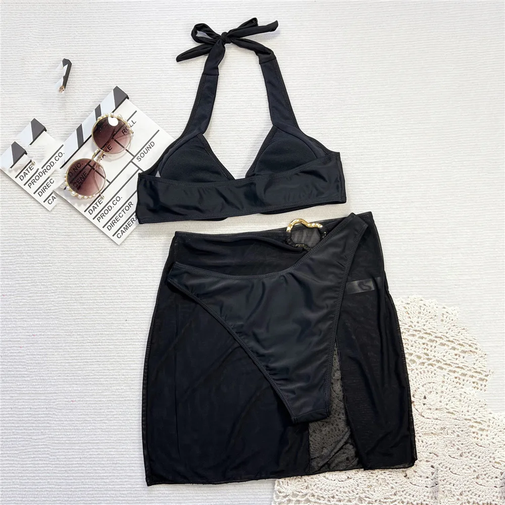 Black Halter Bikinis Sets 3 Pieces Mesh Cover Up Sexy Swimsuit Women Metal Ring Hollow Out Swimwear 2025 Beach Wear Bikini Mujer