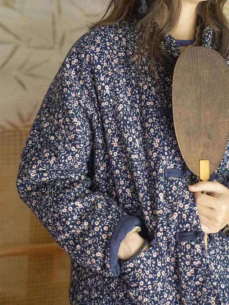 

Retro Chinese Sle Thiened Cotton Jaet Women's Autumn Winter Warmth Floral Print Button up Stand Collar Long Sve Coat
