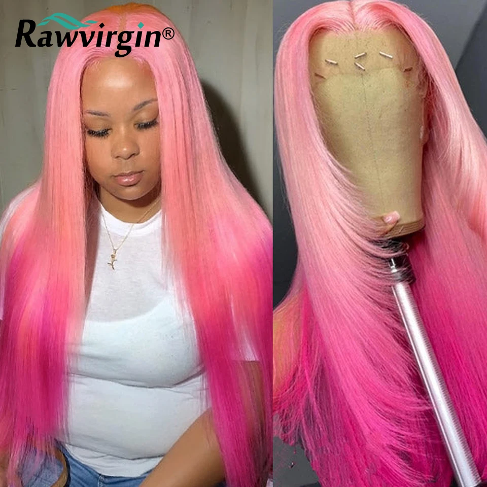 

Ombre Pink Straight 13x4 Lace Front Wig Pre-plucked Transparet Lace Brazilian Human Hair For Women Rose Pink Colored 200%