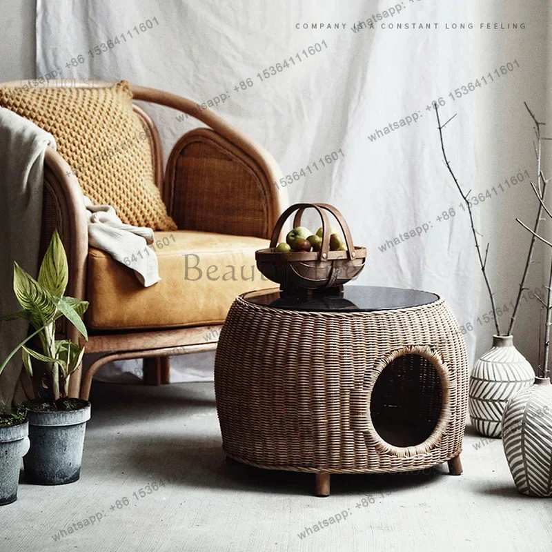 LSNordic Small Apartment Living Room Coffee Table Simple Modern Villa Hotel Rattan End Tables Creative Cafe Round Tea Table